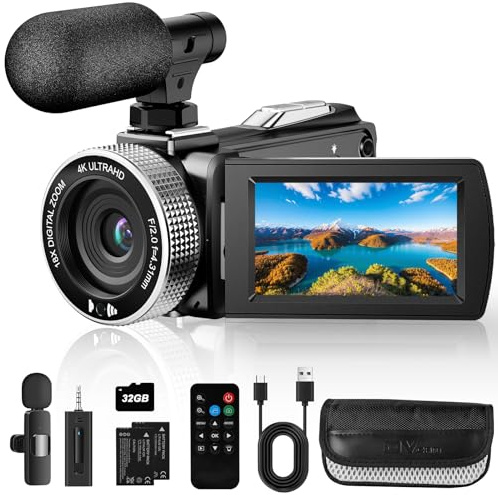 4K Camcorder Video Camera 48MP, Vlogging Camera for YouTube TikTok with Wireless Lavalier Microphone & Wired Microphone,Remote, 2 Batteries, Video Recorder for Travel/Interview/Teaching/Family