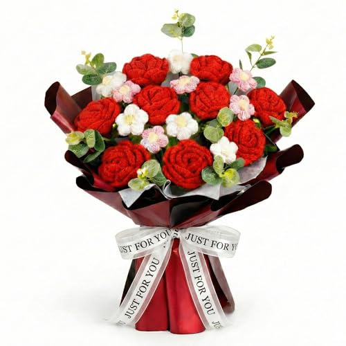 Print Maniacs Handmade Crochet Red Rose Bouquet – Knitted Flower Arrangement, Realistic Yarn Roses with Gift Wrap, Romantic Valentine’s Day, for Mum, Anniversary, Wedding, Birthday, Home Décor