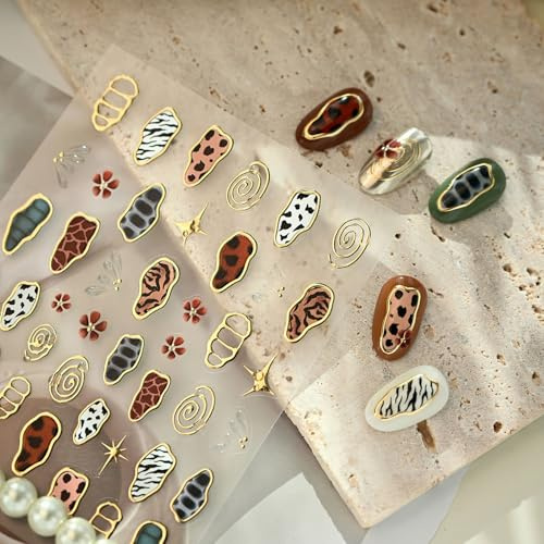 2 Pack Nail Stickers – Chromatic Gold Nail Art Stickers for Nail Art, Leopard Print & Butterfly Nail Decals 5D Embossed DIY Manicure Set