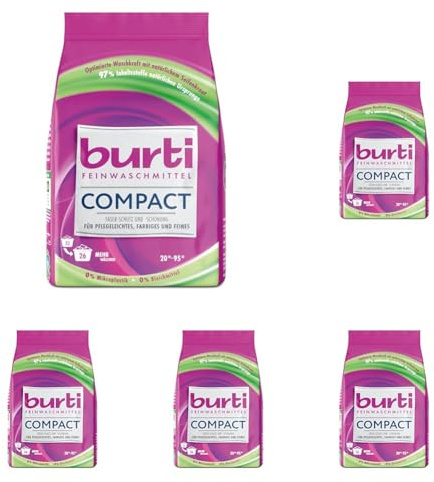 burti COMPACT Waschmittel Pulver – Waschpulver & Feinwaschmittel für bunte, feine Wäsche - Fleckenentferner mit Farb- & Faserschutz – ca. 26 Wäschen (Packung mit 5)