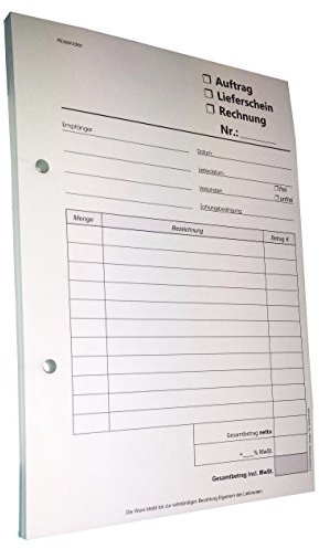 10x Kombiformular-Auftrag - Lieferschein - Rechnung DIN A5, 2-fach selbstdurchschreibend,2x50 Blatt weiß/grün - gelocht (22433)