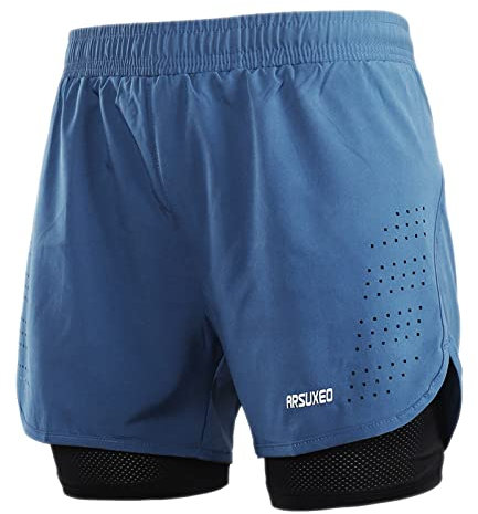 ARSUXEO Laufhose Herren Am Laufen Kurze Hose Gym Shorts mit Kompressionshose 2 in 1 Laufshorts für Fußball, Basketball oder das tägliche Leben B179 blau M