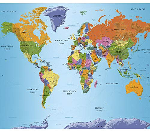 decomonkey Fototapete selbstklebend Weltkarte 294x210 cm XL Selbstklebende Tapeten Wand Fototapeten Tapete Wandtapete klebend Klebefolie Landkarte bunt blau Kontinente Welt