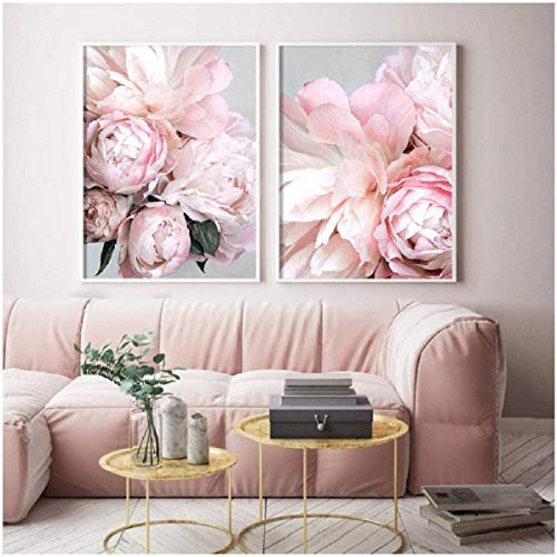 xwwnzdq 2 stück nordischen Stil rosa Pfingstrose wandkunst leinwand Poster drucken Blume malerei Dekoration Bild für Wohnzimmer dekor 50x70 cmx2 Mit Rahmen