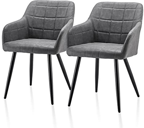 TUKAILAI Esszimmerstühle Set mit Kunstleder, Küchenstuhl Armlehnstuhl Polsterstuhl Wohnzimmerstuhl Sessel mit Armlehne, Rückenlehne, Metallbeine,für Küche, Schlafzimmer (Kunstleder×2, Hellgrau)