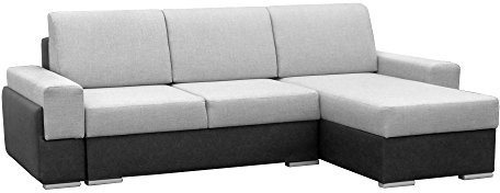 MOEBLO Ecksofa mit Schlaffunktion mit Bettkasten Sofa Couch L-Form Polstergarnitur Wohnlandschaft Polstersofa mit Ottomane Couchgranitur mit Bettfunktion - Aldo (Grau + Weiß, Ecksofa Rechts)