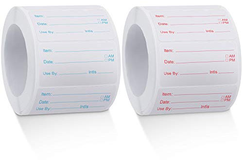 2 Rollos de 1000 Etiquetas de Alimentos Saludables Etiquetas de Conservas de Preparación de Alimentos Pegatinas de Comida Removibles para Rotación de Alimentos de Hogar Restaurante, Rojo y Azul
