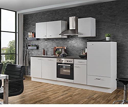 Lomadox Küche mit E-Geräten 270cm Küchenzeile in Weiss Einbauküche Singleküche mit Geschirrspüler