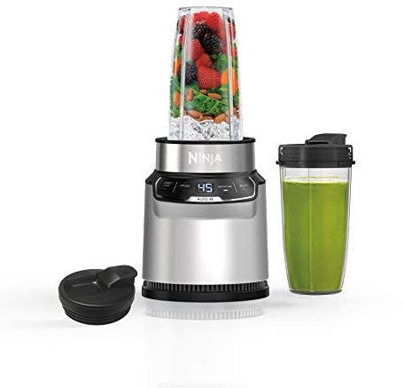 Ninja Mélangeur Nutri Pro à portion unique pour smoothies, salsa, shakes et boissons glacées - Comprend 2 tasses à smoothie et couvercles - Écrase la glace, les fruits et les légumes - Argenté - BN401
