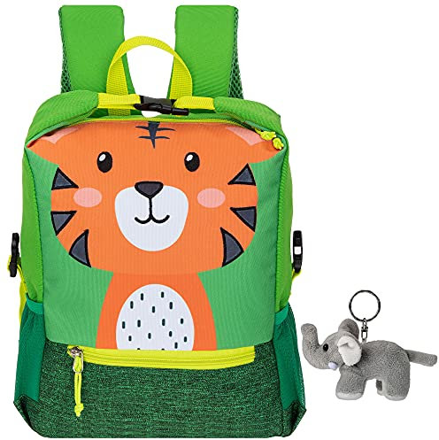 Fabrizio Rucksack Kinder Jungen Mädchen PET Recycling Kinderrucksack Katze, Tiger oder Hund Kindergartenrucksack + Elefant-Anhänger (Tiger Tom)