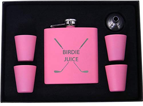 Birdie Juice Flask, Funnel, Shot Glasses, and Gift Box - Golfing Birdie Juice Hip Stainless Steel Metal Matte 6-Ounce Golf Bag Flask (Pink)