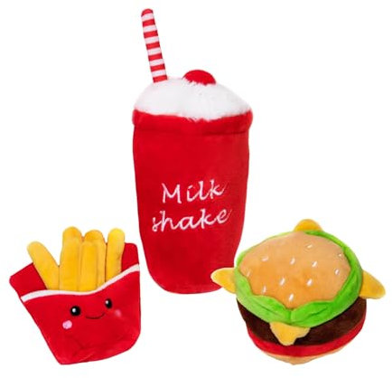 Glow Pups Food Parodie Spielzeug für Hunde, Fast Food Shaped Dog Toys, Hundespielzeug mit Quietscher, Welpenspielzeug, Pommes Frites Hundespielzeug (Hamburger, Pommes Frites und Milchshake 3 Pack)