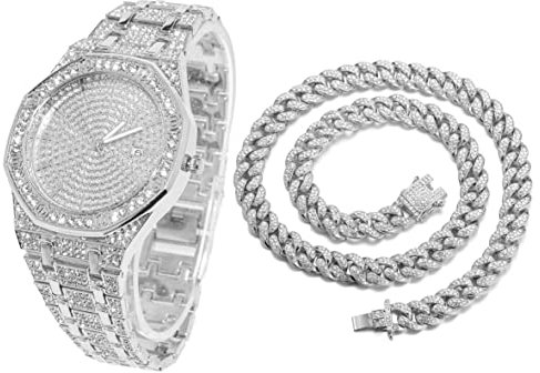 Halukakah Diamant Golduhr, Herren Platin Weiß Vergoldet 40MM Breite Achteckig Rund Wählen Quarz Armband 22cm mit Kubanischer Link Kette 45cm Halskette Set, mit Geschenkbox