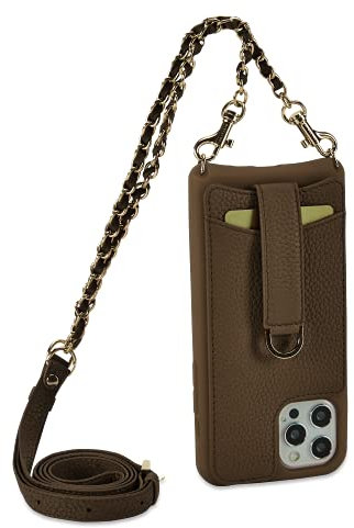 Vaultskin VICTORIA Crossbody Wallet Case, Lanyard with Card Holder (Brown - Chain & Leather Strap, for iPhone 13 Pro)
