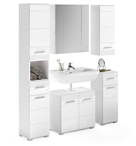 xonox.home Badezimmer Linus 5tlg. Kombination Badmöbel Set kleine Bäder Komplettprogramm Bademöbel-Set in Front weiß Hochglanz Tiefzieh,Korpus weiß