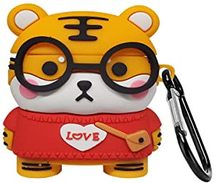 KAKUYI (Tiger) Airpods 1/2 Hülle Cover Soft Silikon, 3D Cute Cartoon AirPod Hülle Lustiger Abdeckung Stoßfest Vollschutz Hülle mit Schlüsselbund für Mädchen Kinder Jungen Frauen
