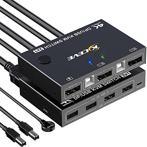 KVM DP Switch 2 In 1 Out, DisplayPort KVM Umschalter Unterstützt 4k@60Hz Control 2 Computer zur Gemeinsamen Nutzung von Tastatur, Maus und Monitor