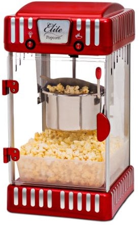 Elite Gourmet EPM-250# Classic Carnival Máquina de palomitas de maíz de sobremesa de 74 ml, estilo retro, palomitas de maíz calientes con mantequilla como de cine, rojo