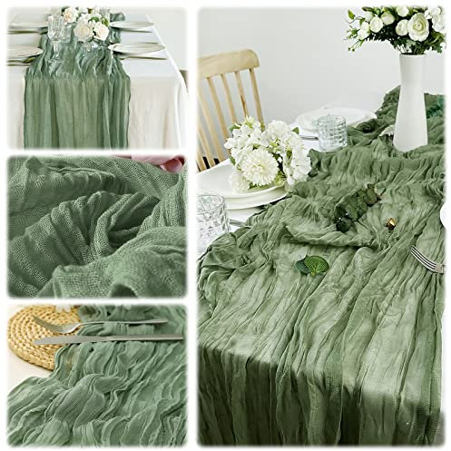 Seihtuch-Tischläufer,90 x 400 cm Rustikaler Gaze-Tischläufer Grün Hochzeitsdekoration Rustikale Salbeigrüne Tischdecke,Seihtuch Tischläufer Tischdeko Romantische Hochzeit