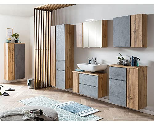 Lomadox Badmöbel Komplett Set inkl. LED Beleuchtung in Wotan Eiche Nb. mit Beton Optik,