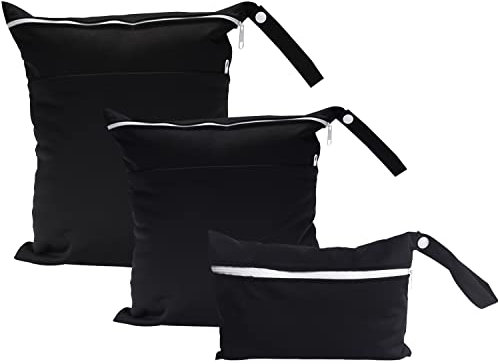 3 Stück schwarze Wickeltasche, Wickeltasche mit doppelter Reißverschlusstasche, wasserdichte trockene und nasse Wickeltasche, wiederverwendbar, geeignet für Reisen, Schwimmen, Fitnessstudio, Baby usw.