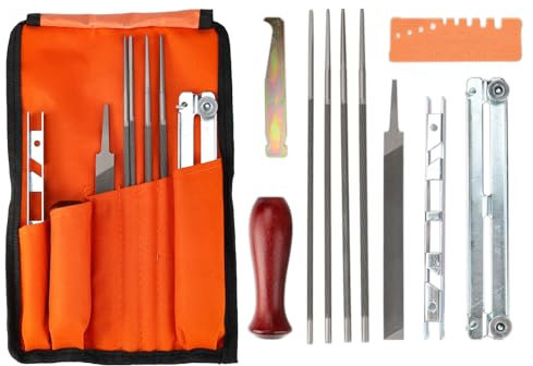 BENEGO Universal Chainsaw Field Sharpening Kit, Chainsaw Chain Sharpener with 5/32 (4 mm) 3/16 (4.8 mm) 13/64(5.2 mm) & 7/32 (5.5 mm) Round Files, Flat File, Handle, Filing Guide & Pouch