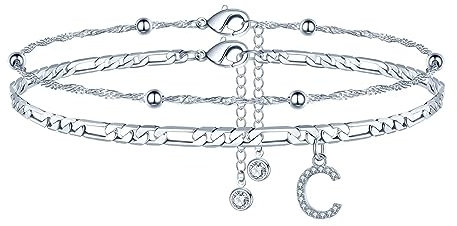 TINGN Fussketten für frauen, Silber Fußkettchen für Damen Fußkette mit CZ Buchstaben C Doppelte Verstellbar Fußketten Frauen Mädchen Tochter Freundin Personalisierte Geschenk