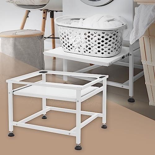 ML-Design Waschmaschinen-Untergestell mit ausziehbarer Ablage, Weiß, 62,5x53,5x45 cm, aus Stahl, bis 150kg, höhenverstellbaren Füße, Waschmaschinensockel Trocknersockel Podest Unterschrank Erhöhung