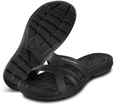 Aqua Speed Strandset Damen | Ultraleichte Duschlatschen Gr. 37 + Mikrofaserhandtuch | Sommerliche Badelatschen, elastisch, schwarz | Modell Panama | EIN Muss für den Sommer