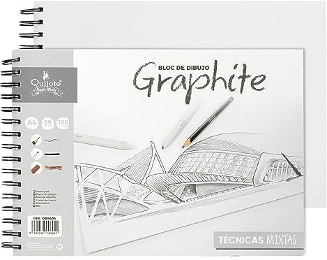 Quijote Paper World Bloc de dibujo Graphite, técnicas mixtas A4 Liso 100gr 80 hojas - Para bocetos a lápiz, carboncillo y grafito