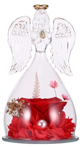 ALLOMN Engelsfigur mit Echter Ewiger Rose, Konservierte Engels Ewige Rosen Blume als Geschenk im Glas, Ewige Rosen Engel Ornament mit LED-Licht für Mama Oma Ehefrau Geburtstag Muttertag Valentinstag