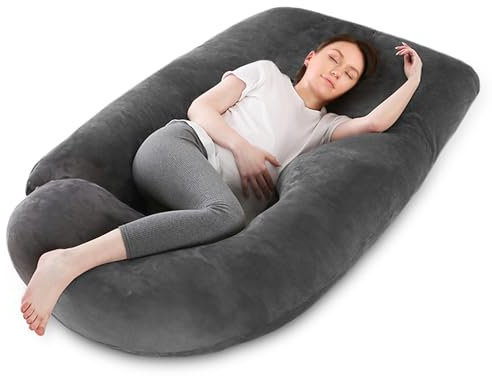 Otauoaea Schwangerschaftskissen, J-förmiges Ganzkörperkissen, Stillkissen XXL, Seitenschläferkissen zum Schlafen für Schwangere mit Abnehmbarem und Waschbarem aus Samtbezug, 145x70cm(Dunkelgrau)