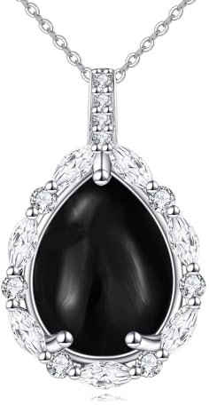 YAFEINI Schwarzer Onyx Kette für Damen 925 Sterling Silber Schwarzer Onyx Anhänger Halskette Naturstein Tropfen Kette Schmuck Geschenk