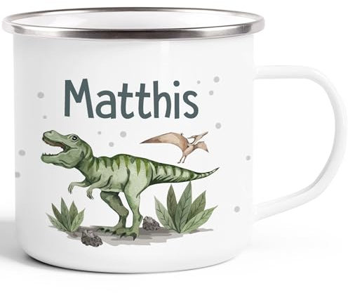 SpecialMe® Kinder-Tasse Emaille Dino mit Namen personalisiert Dinosaurier T-Rex Namenstasse individuelle Geschenke emaille-weiß-silber standard