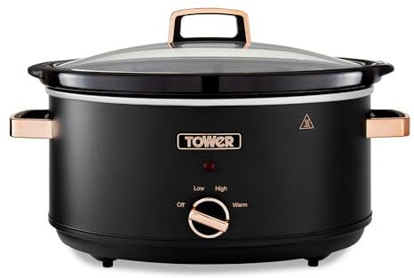 Tower T16043BLK Slow Cooker Cavaletto da 6,5 Litri con 3 Impostazioni di Calore, Manici Cool Touch, Elettrodomestici Cucina, Nero e Oro Rosa