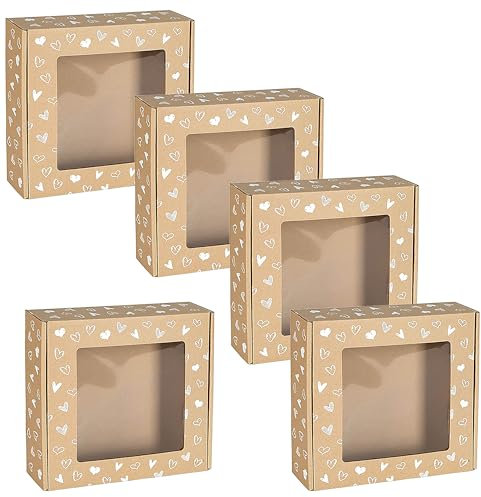 sarcia.eu Quadratische Mailer-Box mit Sichtfenster, Geschenkschachtel mit weißem Herzaufdruck 20x20x5 cm x5