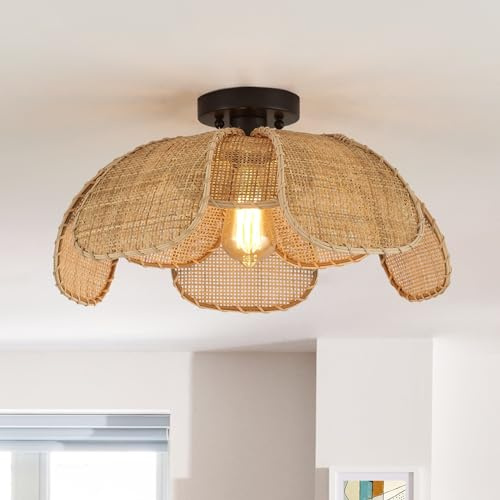 MhyTogn 22 Natürliche Rattan Einbau-Deckenleuchte Hanfseil Korbgeflecht Handgewebter Boho Kronleuchter mit Blumen Lampenschirm für Veranda Terrasse Flur