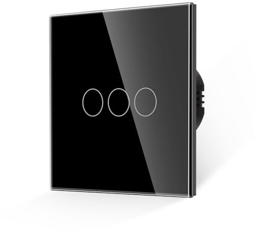 JIMEIDA Interruptor de luz táctil de 3 bandas, 1 vía, panel de vidrio templado negro interruptor de pared y placa de vidrio sin tornillos con retroiluminación LED, no requiere cable neutro, 500 W, CA