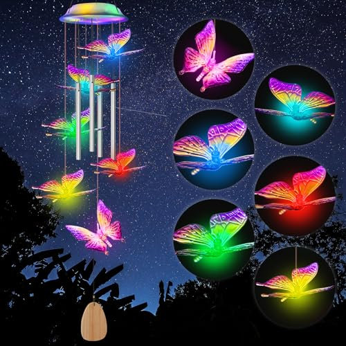 Qoosea Solar Windspiel für Draußen, LED Schmetterlinge Solarleuchten Farbwechsel, Geschenke für Mutter Frauen Tochter Freundin, Wasserdicht Hängeleuchte Dekorationen für Garten Baum Balkon HofHochzeit