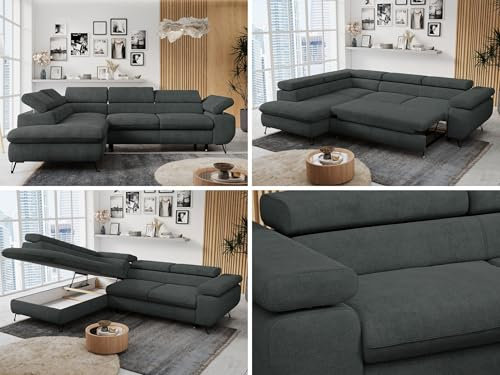 MKS MEBLE Ecksofa Sofa Grau, Wohnlandschaft L-Form mit Schlaffunktion und Bettkasten, Schlafsofa mit Bettkasten, Sofa mit Einstellbare Kopfstützen, Peter L - Dunkelgrau Struktur - Links Grau