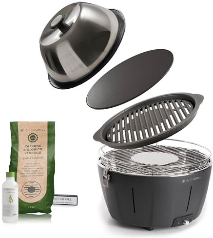 Classe Italy | Barbecue a Carbonella con Griglia in Ghisa, Coperchio cottura forno e Piastra. Da Balcone, Portatile. Include Batteria Ricaricabile, Carbone e Gel per accensione. MASTER GRILLER Nero