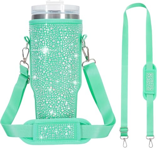 Theaque Bling Sac de transport pour bouteille d'eau avec sangle pour gobelet Stanley de 1200 ml avec poignée, sac porte-gobelet en strass étincelants avec sangle pour accessoires de tasse Stanley de