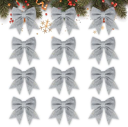 GXFCING 12 Stück Weihnachtsschleifen, Silber Glitzer Schleifen Weihnachtsbaum, Bogen Schleife, Weihnachtsbaumschmuck Schleifen für Weihnachten Party, Weihnachtskranz, Weihnachtsbaum, 15x12cm