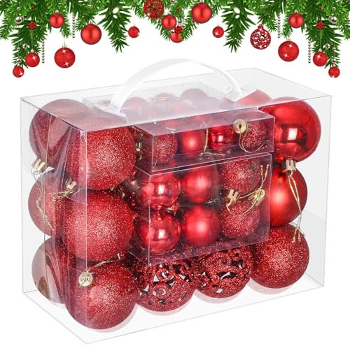 Bixury Christbaumkugeln Rot Weihnachtskugeln Kunststoff, 50 Stück Weihnachtskugeln Rot Set mit Aufhänger Bruchsicher, Vielen Größen Weihnachtsbaum Deko Set, Glitzernd Matt Weihnachten Deko