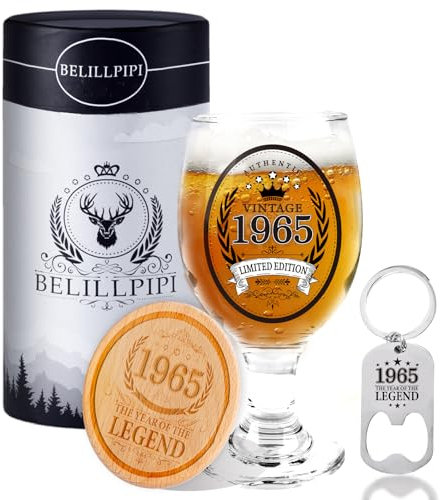 Belillpipi Geschenke für Männer zum 60, 1965 Bierglas Geburtstagsgeschenk für Mann und Frauen, Geschenke 60 Geburtstag Mann, Geschenkideen Für Männer, Bierglas mit Untersetzer, Flaschenöffner