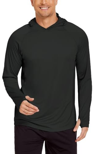 PINSPARK UV Shirt Herren Sport Tshirts UPF 50+ UV Sonnenschutz Langarmshirt Hoodie Kapuzenpullover mit Daumenloch Rashguard Atmungsaktiv Surfen Angeln Wandern Top Solides Schwarz S