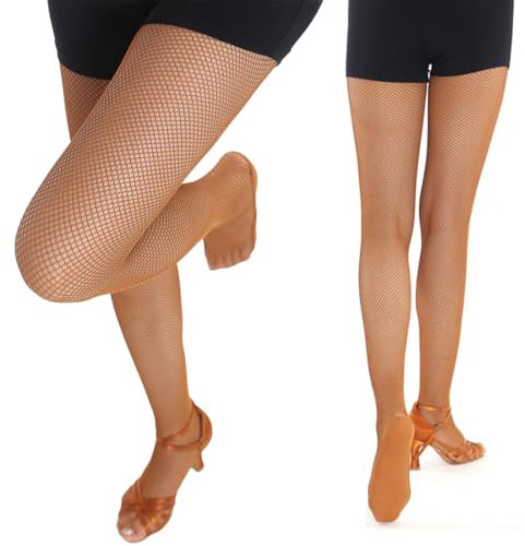 CJQRL Baile Latino Medias Rejilla, Medias De Rejilla, Fishnet Tights, Baile Profesionale Latino Sin fisuras de Red con Plantilla Antideslizante para Mujer y Niña(Marrón, M)
