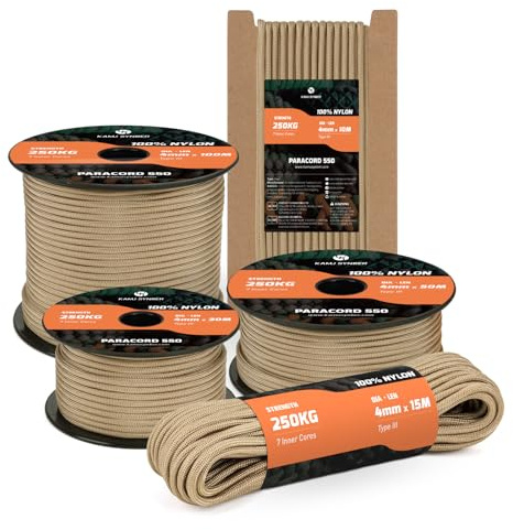 Kamu Synber 550 Paracord 4mm 10m Typ III Schnur 7 Stränge Nylon Seil Fallschirmschnur für Basteln, Outdoor, Camping, Survival | Tragkraft 250kg | Bräune