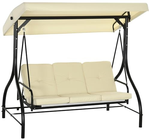 Outsunny 2 in 1 Hollywoodschaukel mit Liegefunktion 3-Sitzer Gartenschaukel mit verstellbarem Sonnendach, Schaukelbank belast bis 240kg, Gartenliege für Garten, Terrasse, 195x117x175 cm, Beige