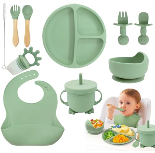 NTL Global Baby Weaning Set (10 Pcs), Silicone Baby Feeding Set with Adjustable Bib & Divided Fruit Plate, Fruit Feeder, Sippy Cup, Suction Cup, Spoons & Forks, Straw Cleaner for 6+ Months - Green